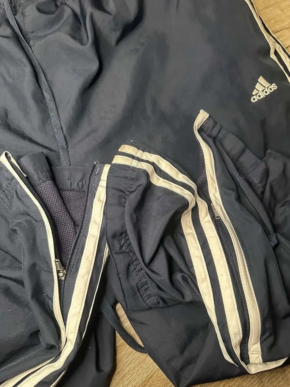 Vintage Adidas Men's Navy Blue Nylon Track Pants with Ankle Zips